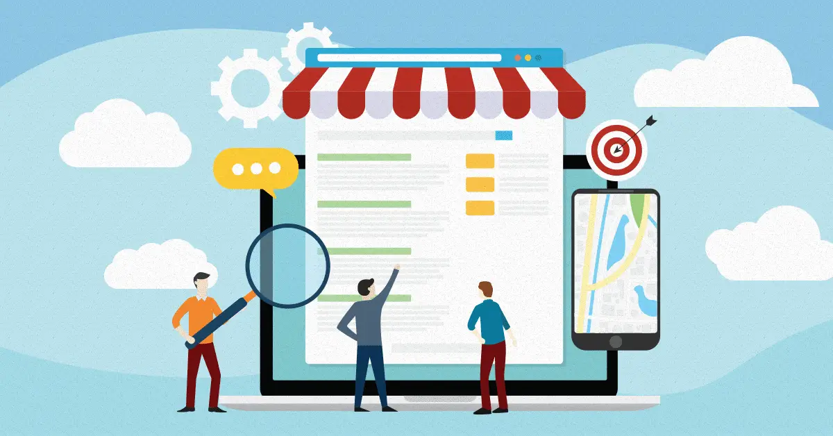 graphic of shop and people looking local seo services